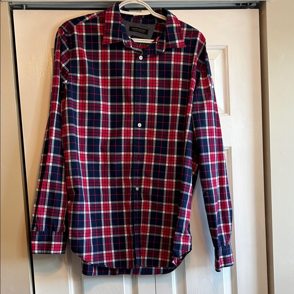 Banana Republic Navy and Red Plaid Button-Down Shirt - Camden Fit